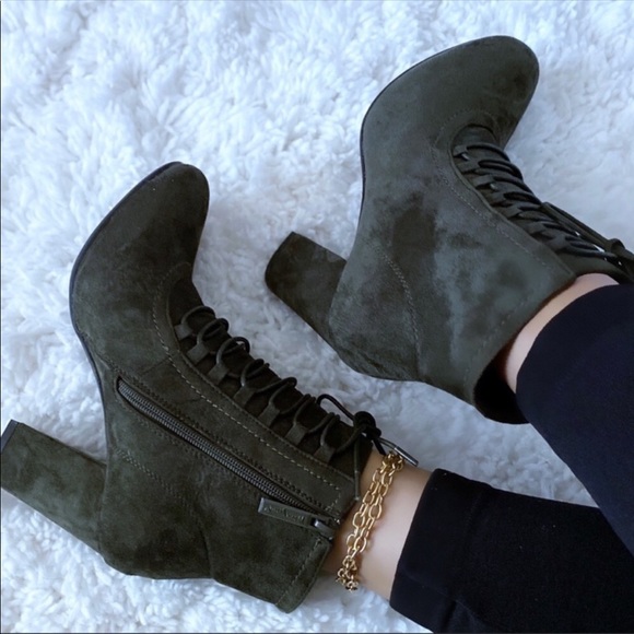 New Olive Vegan Suede Ankle Boots - Picture 3 of 3